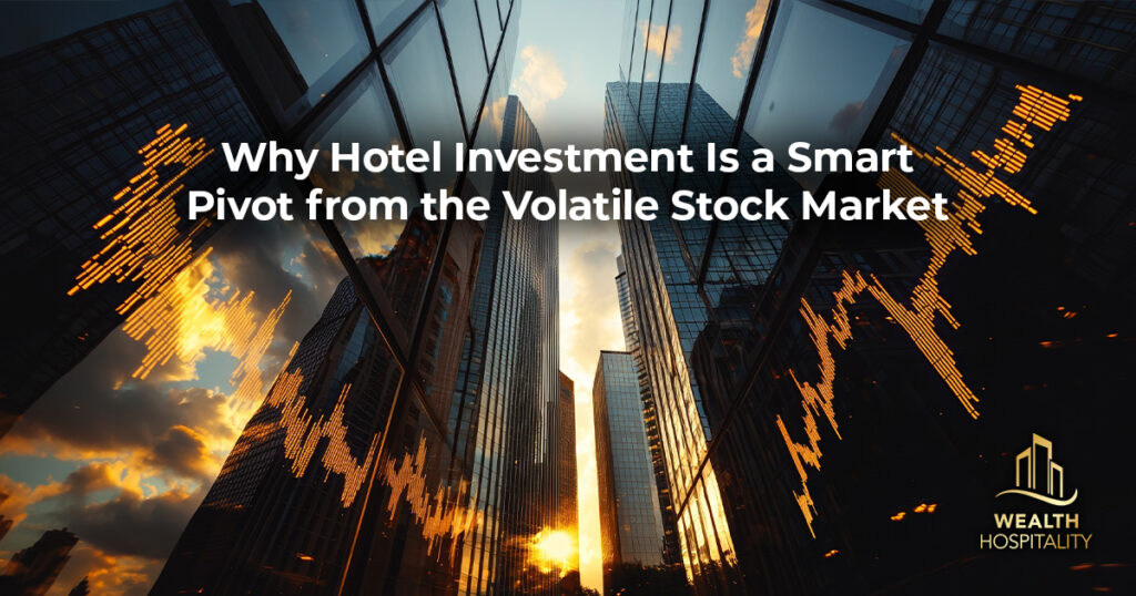 Skyscrapers with stock market trend lines – symbolizing hotel investment as an alternative to volatile markets