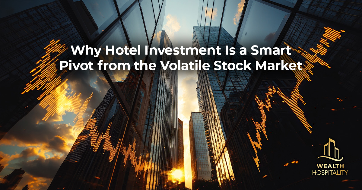 Skyscrapers with stock market trend lines – symbolizing hotel investment as an alternative to volatile markets